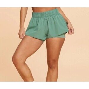 Blogilates Ruffle Woven Mid-Rise Shorts 3" - Hedge Green Women's Size 1X NEW